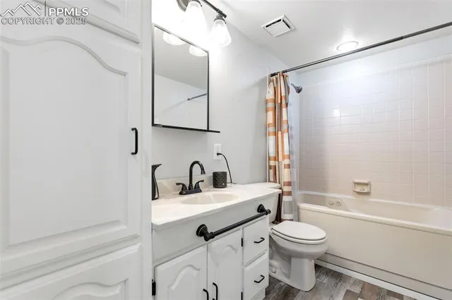 a bathroom with a sink toilet vanity and shower
