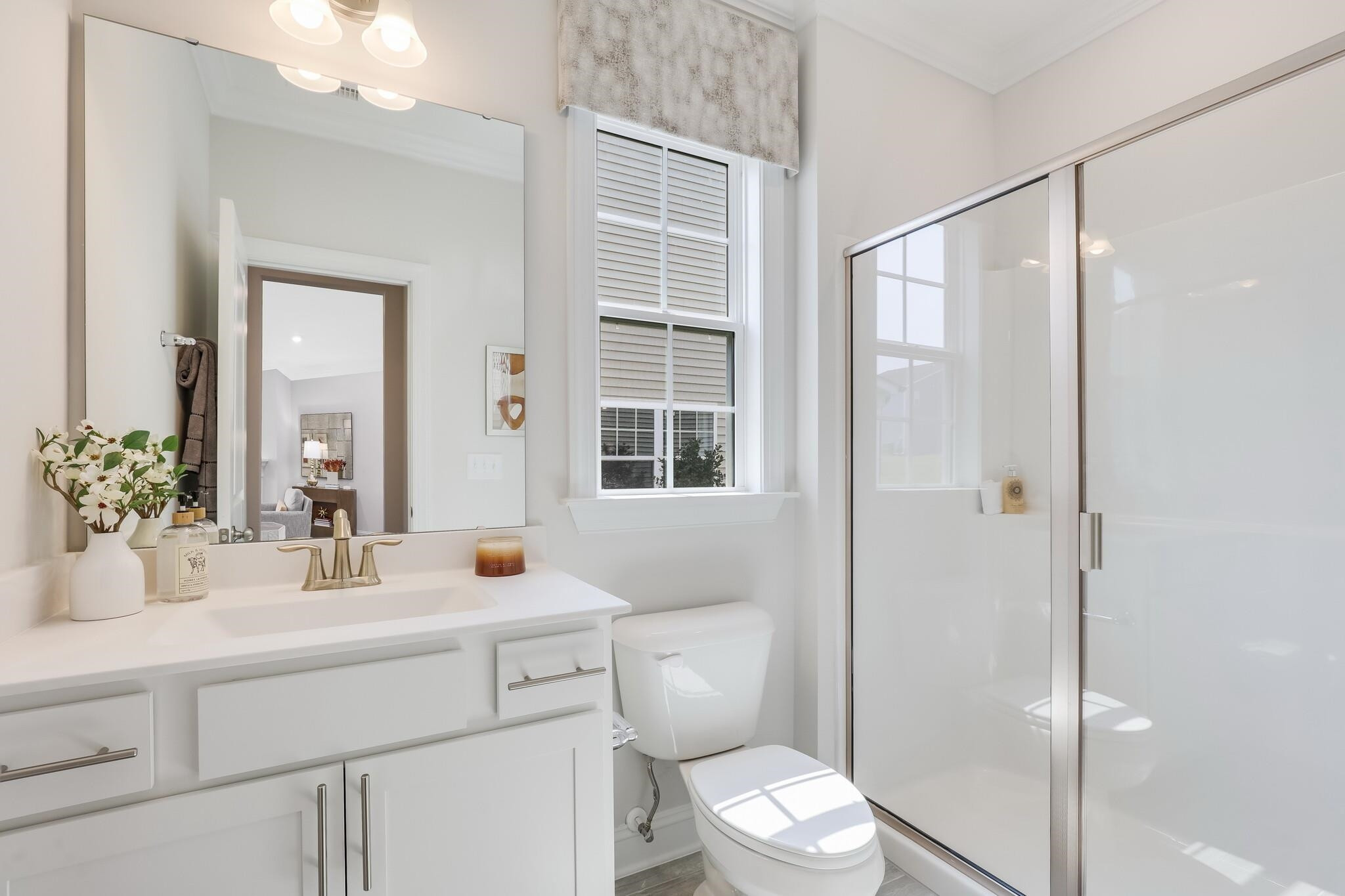 116 Canyon Gap Way, Unit 177 Raleigh, NC 27610 - Photo 21 of 38 a bathroom with a sink a toilet a mirror and shower