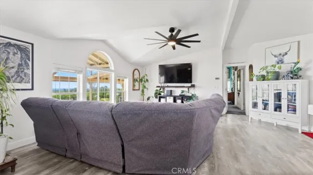 a view of a dining room with furniture and a potted plant