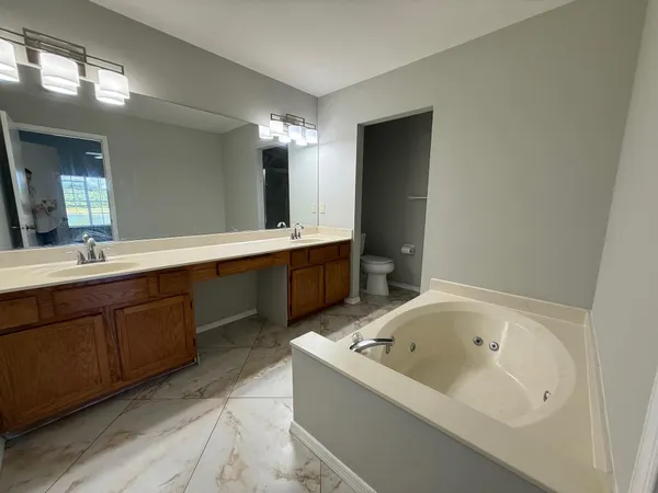 a bathroom with a bathtub sink and mirror