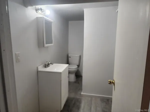 a bathroom with a sink and mirror with toilet