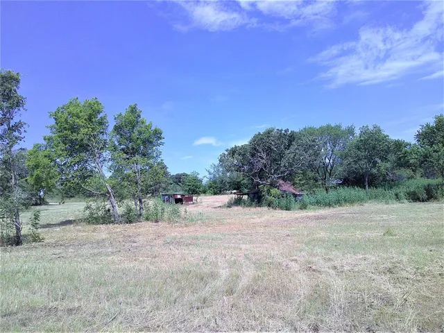 a view of dirt field with trees in background