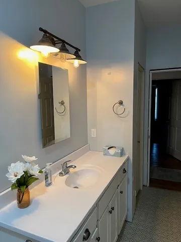 a bathroom with a sink and a mirror