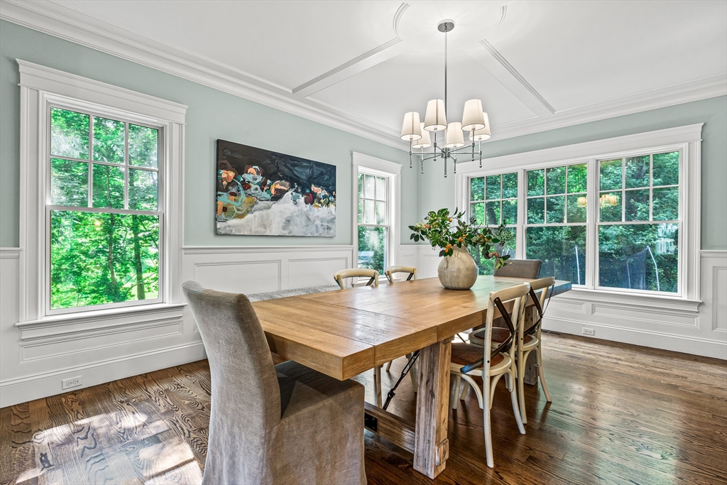 46 Pilgrim Road Wellesley, MA 02481 - Photo 5 of 35 a view of a dining room with furniture a chandelier and wooden floor