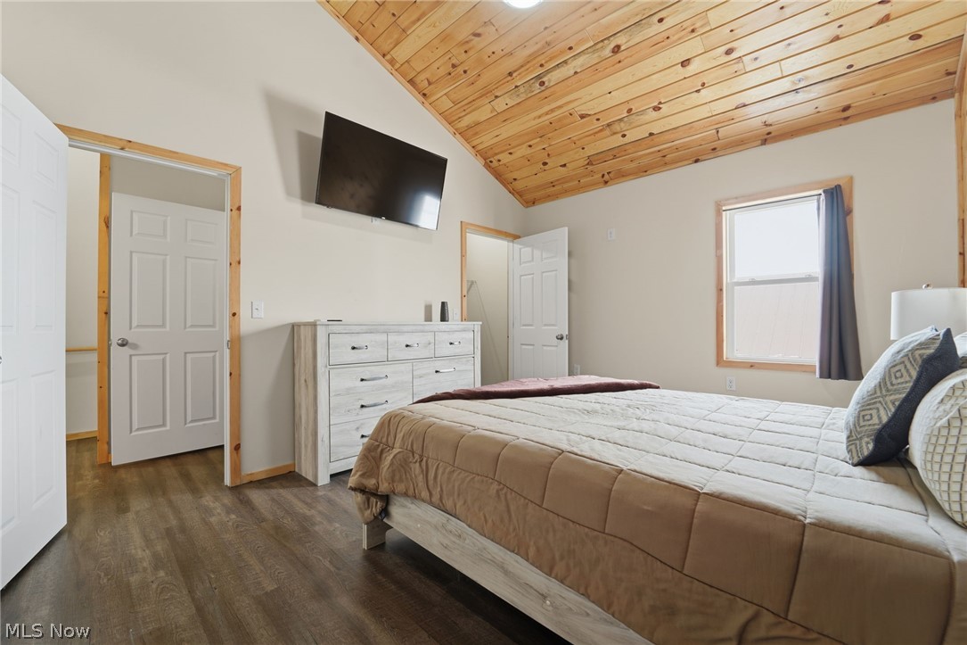 5919 Lake Road West, Unit 32 Ashtabula, OH 44004 - Photo 19 of 23 Bedroom with a vaulted wooden ceiling and dark wood-style flooring