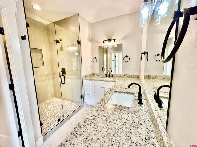 a bathroom with a shower and a sink