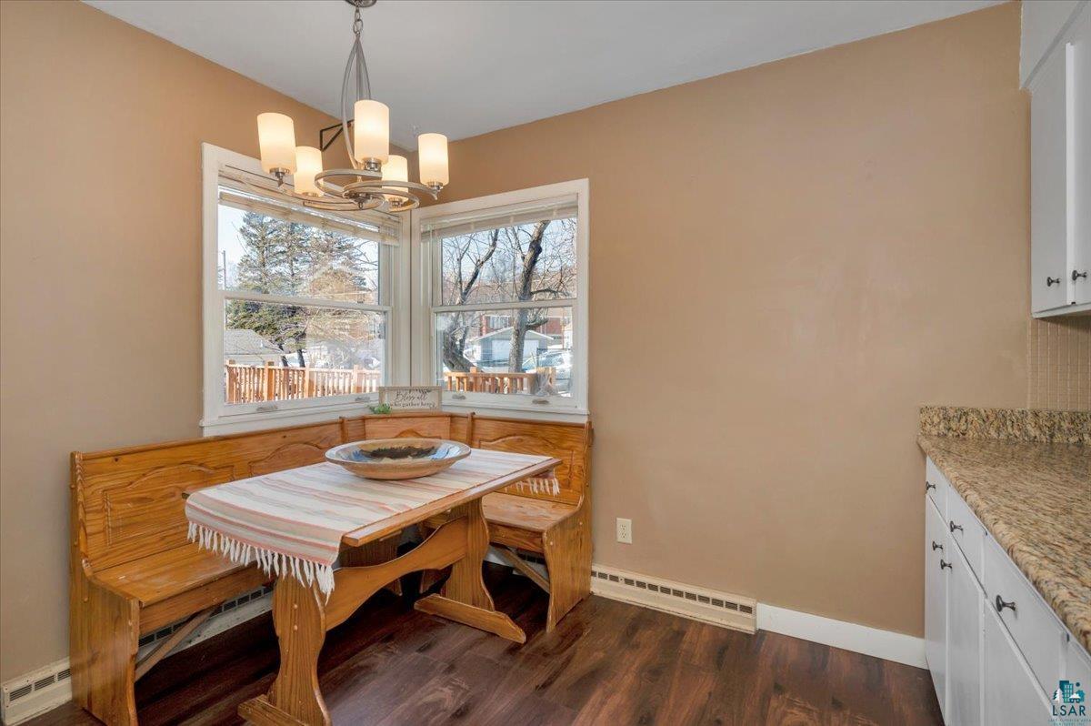 4345 West 8th Street Duluth, MN 55807 - Photo 14 of 31 Dining area featuring dark wood-style flooring, hanging lights, and breakfast area