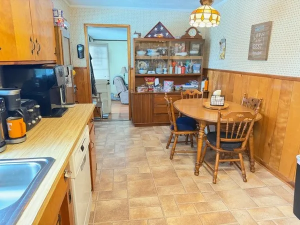 a view of a dining room with furniture
