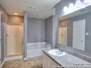 a bathroom with a granite countertop tub sink and mirror