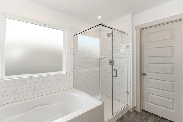 a bathroom with a shower and a bathtub