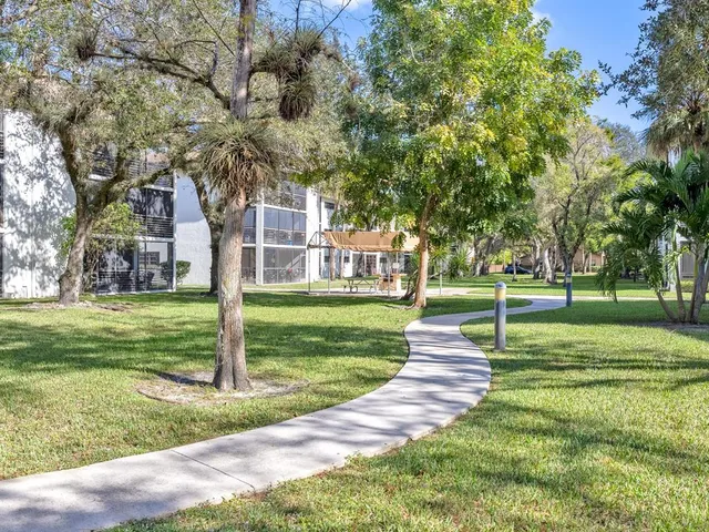 a view of a park with large trees