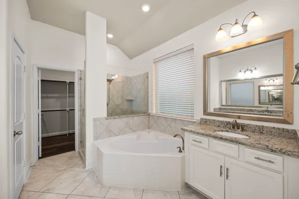 a bathroom with a tub sink and mirror