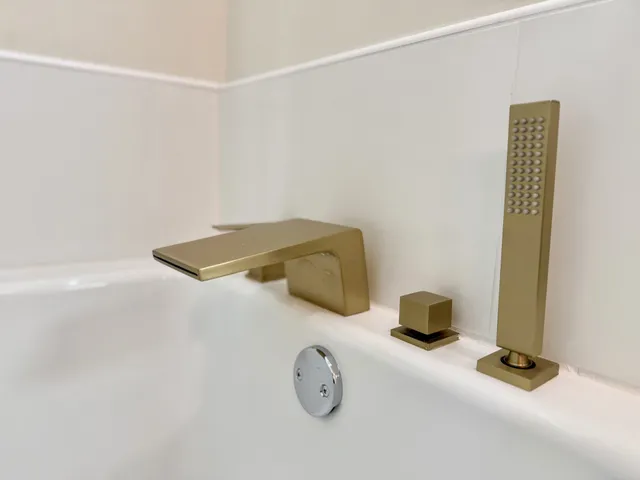 a bathroom with a bathtub and a shower