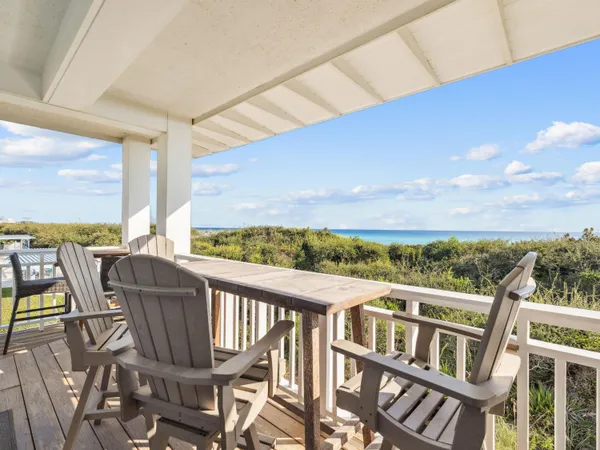 a view of a balcony with chairs