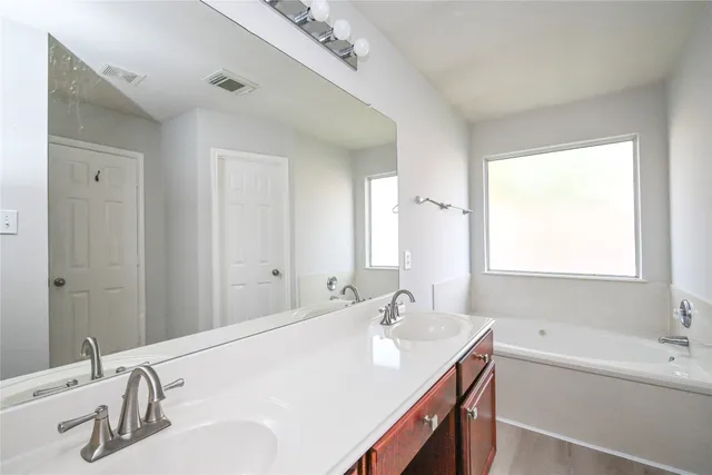 a bathroom with double vanity sink and a mirror