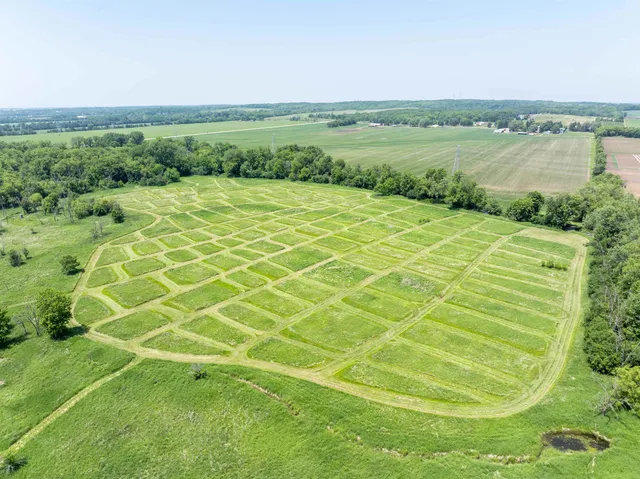 a view of a water pond with green field