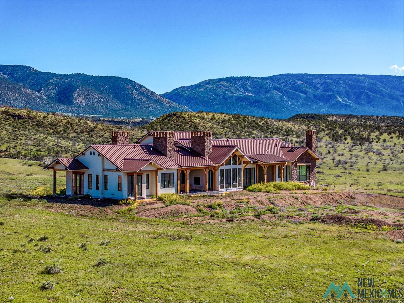 398 Pine Road Capitan, NM 88316 - Photo 55 of 68 View of front of home with a chimney, a mountain view, a metal roof, and a front yard