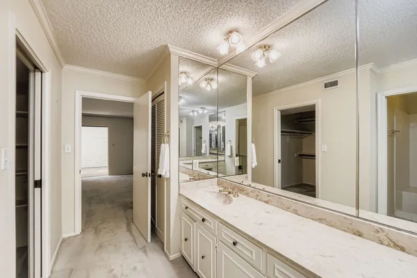 a spacious bathroom with a granite countertop sink mirror and double