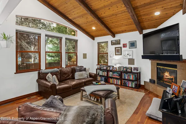 a living room with furniture a flat screen tv and a fireplace