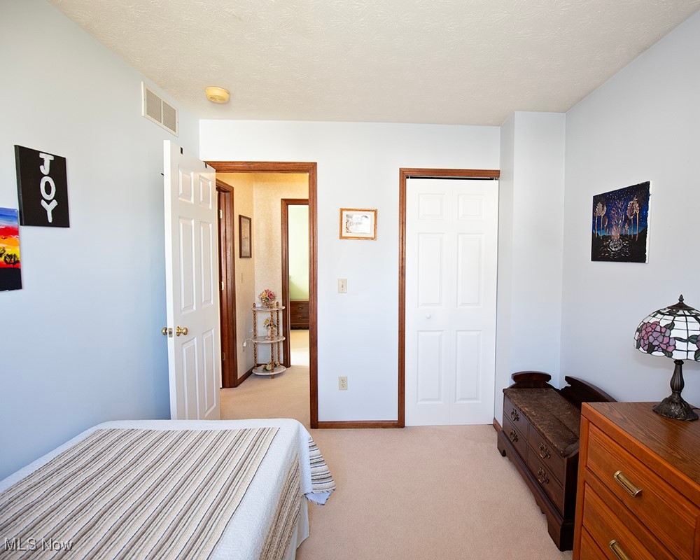 1614 South Abbe Road Elyria, OH 44035 - Photo 22 of 35 Bedroom featuring baseboards, visible vents, a closet, a textured ceiling, and light colored carpet