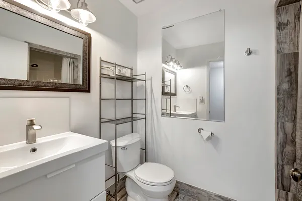 a bathroom with a toilet a sink and mirror