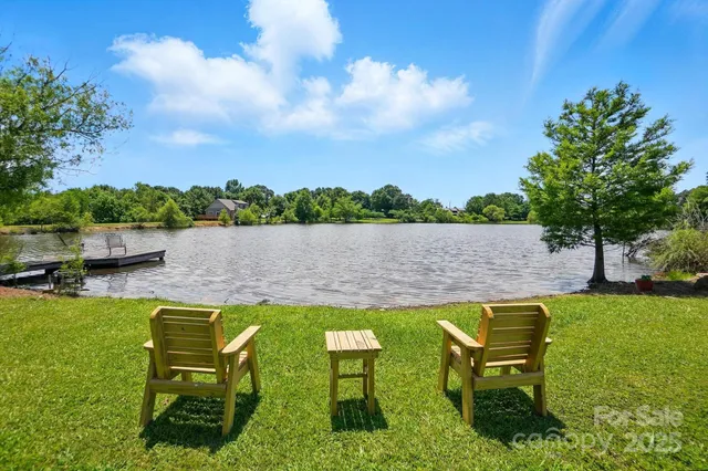a view of a lake with houses in the back