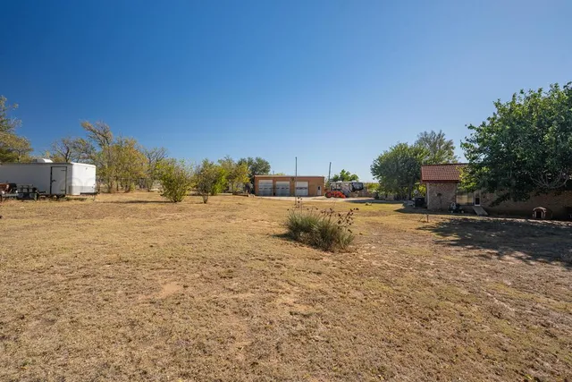 a view of dirt yard with a large tree