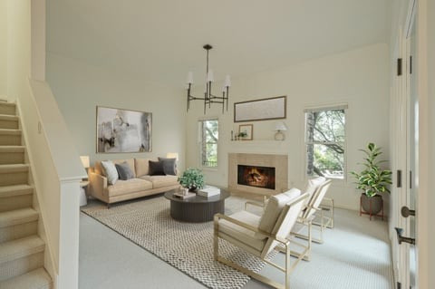 6010 Long Champ Court, Unit 113 Austin, TX 78746 - Photo 2 of 25 Virtually staged. Living room featuring stairway, plenty of natural light, a lit fireplace, and a chandelier
