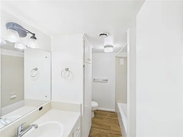 a bathroom with a tub shower vanity and a sink