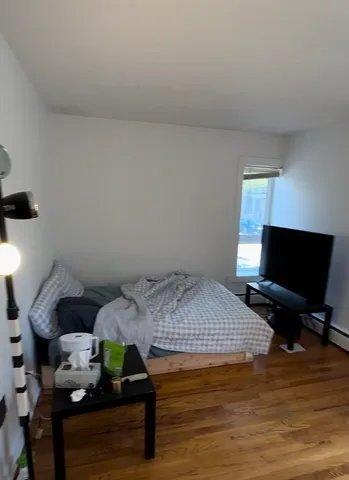 a bedroom with a bed and a tv