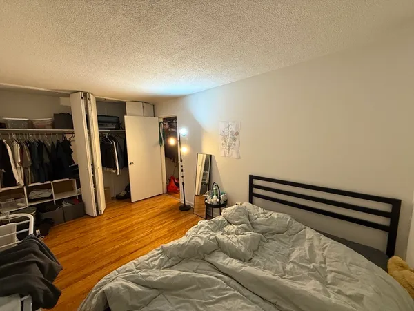 a bedroom with a bed and a closet