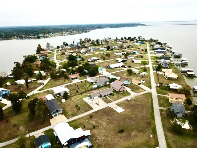 an aerial view of a building with outdoor space