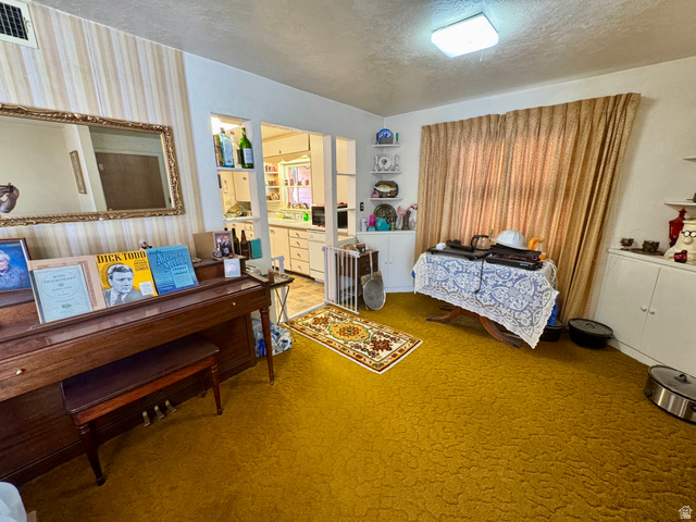 178 Walnut Lane Moab, UT 84532 - Photo 14 of 25 Interior room featuring a gold-toned textured carpet and striped wallpaper accents