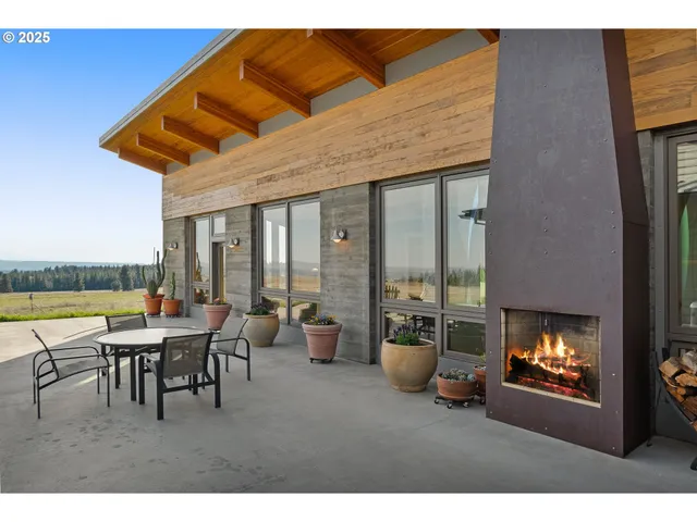a dining room with furniture and a fireplace