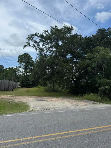 a view of a field with a tree