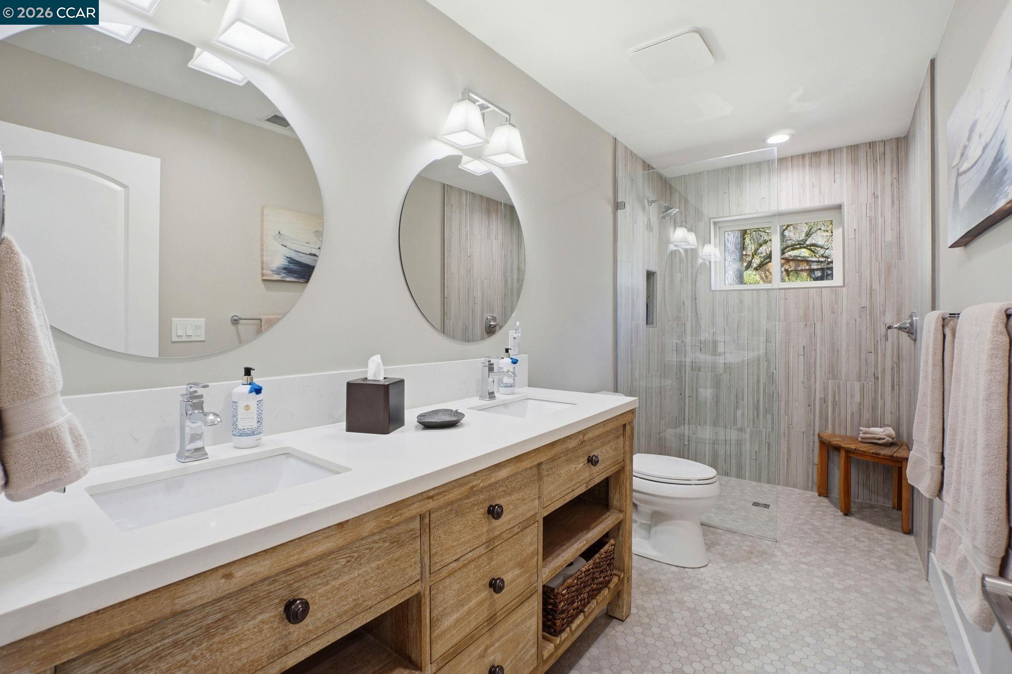 8 Simo Street Alamo, CA 94507 - Photo 23 of 41 Double vanity sinks and storage with walk-in shower