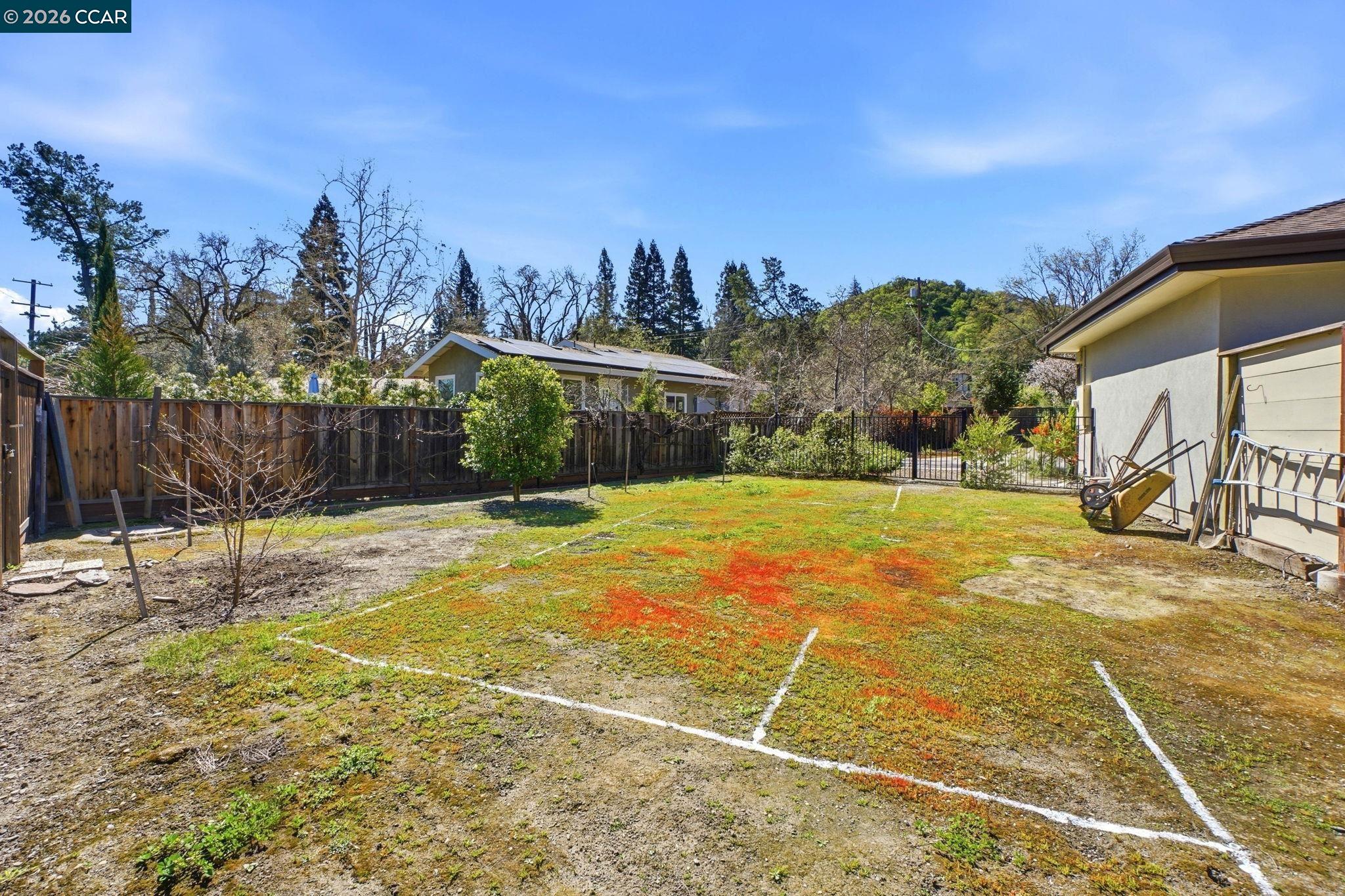 8 Simo Street Alamo, CA 94507 - Photo 40 of 41 Side yard for possible 3rd car attached garage, ADU location. Inc. plan for 650+/-sf, 2 bedroom, living, kitchen, bath ADU with private access.