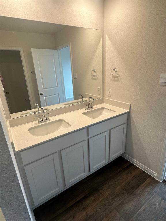 563 Evergreen Sumac Loop Kyle, TX 78640 - Photo 12 of 18 Double vanities with sleek countertops elevate this well-appointed bathroom.