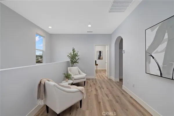 a living room with furniture and a potted plant