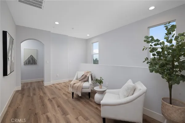 a living room with furniture and a potted plant