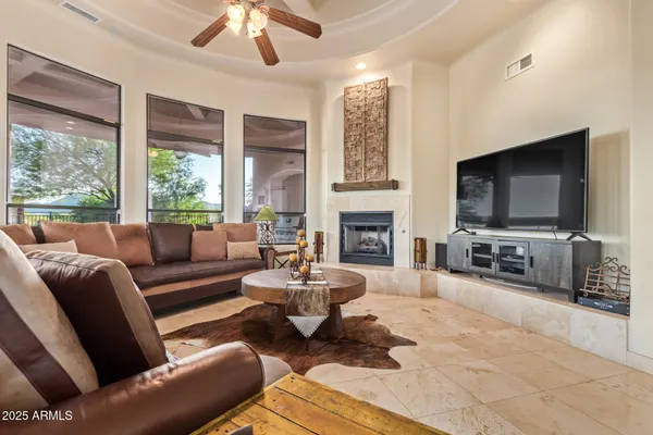 a view of a dining room with furniture window and outside view