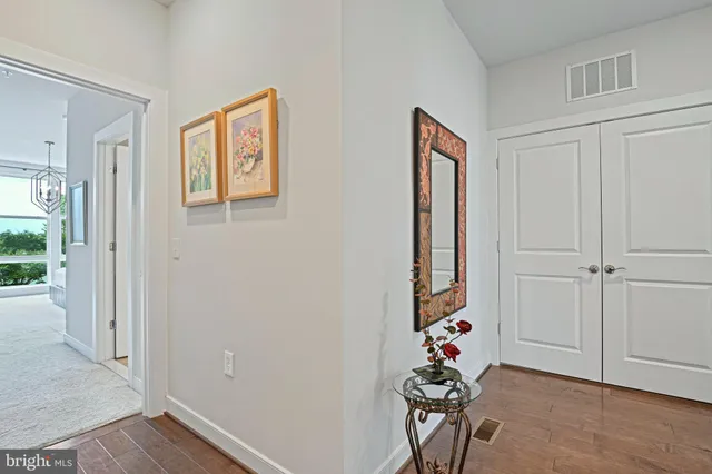 a room that has a mirror and a plant in it