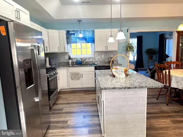 a kitchen with stainless steel appliances granite countertop a sink refrigerator and cabinets