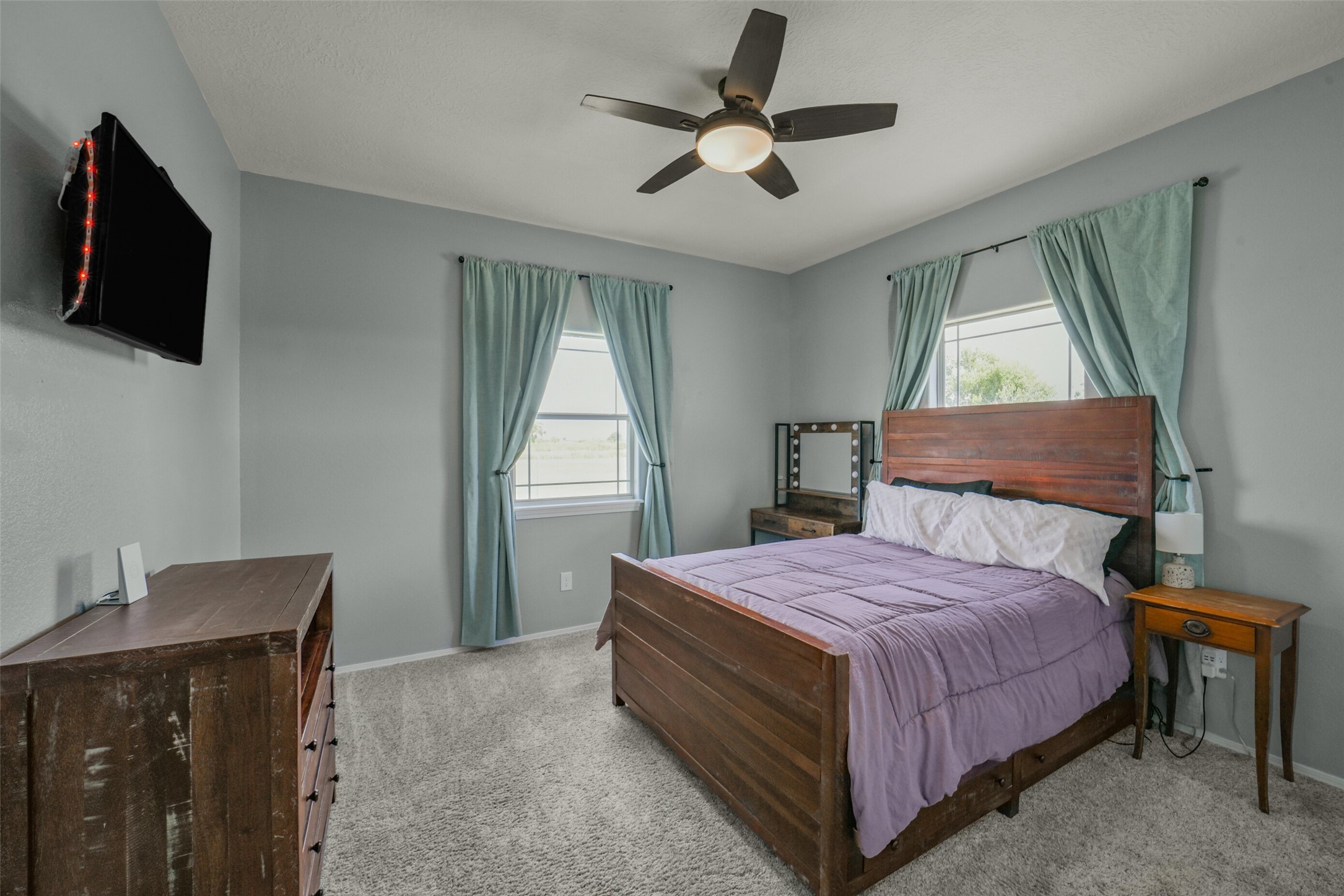 11301 South FM 441 Road El Campo, TX 77437 - Photo 22 of 43 The 2nd bedroom features soft gray walls and plush carpet and a ceiling fan. It has two windows for ample natural light.