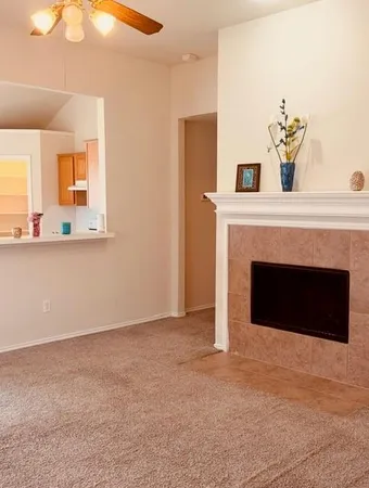 a living room with a fireplace and a potted plant