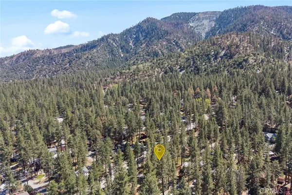 a view of a dry yard with mountains in the background