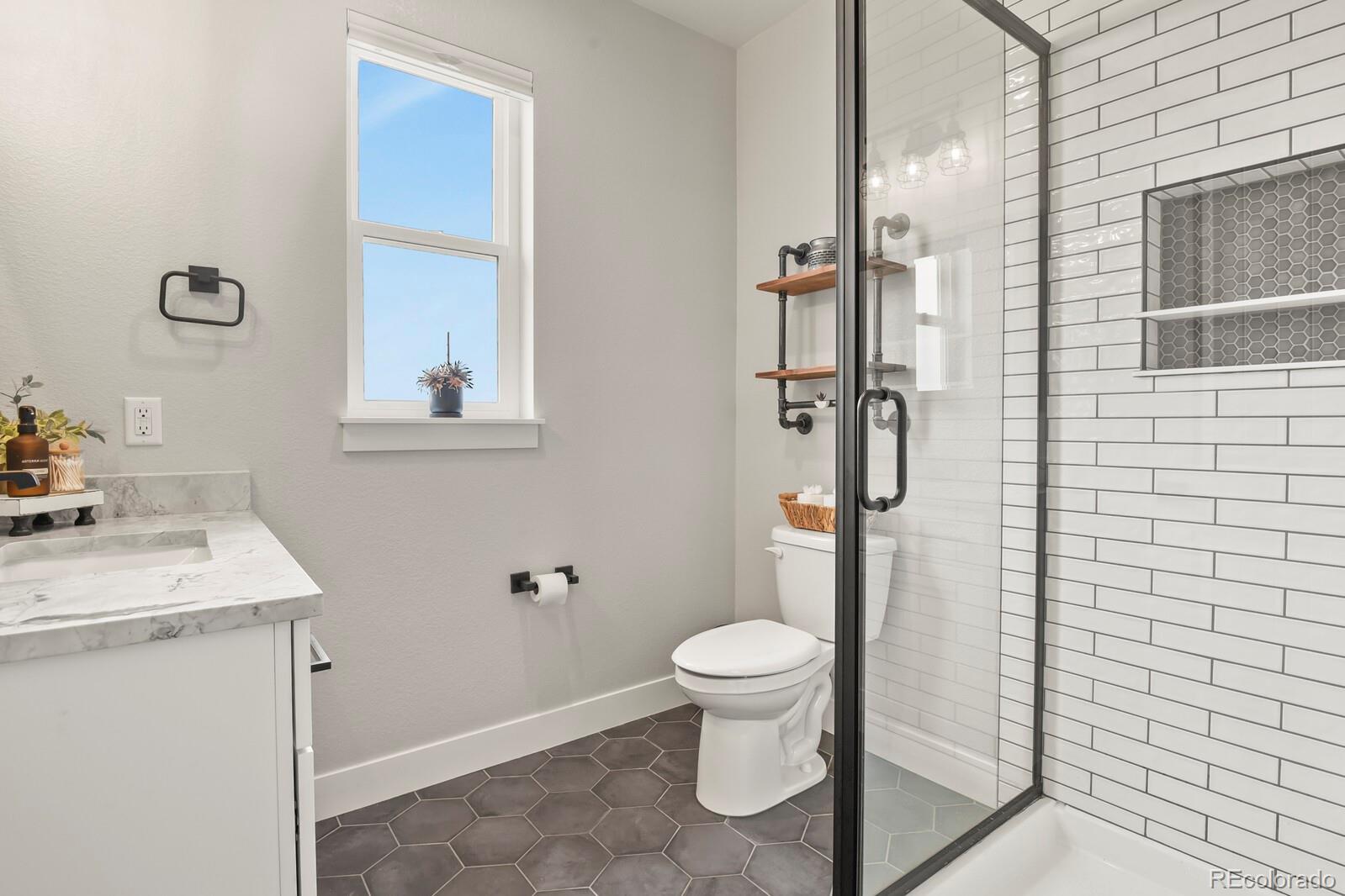11617 Harpenden Court Fort Lupton, CO 80621 - Photo 31 of 50 a bathroom with a sink a toilet and shower