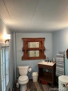 a bathroom with a toilet sink and mirror