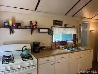 a kitchen with a sink a stove and cabinets