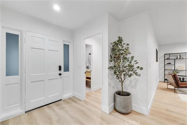 wooden floor with potted plants in front of door